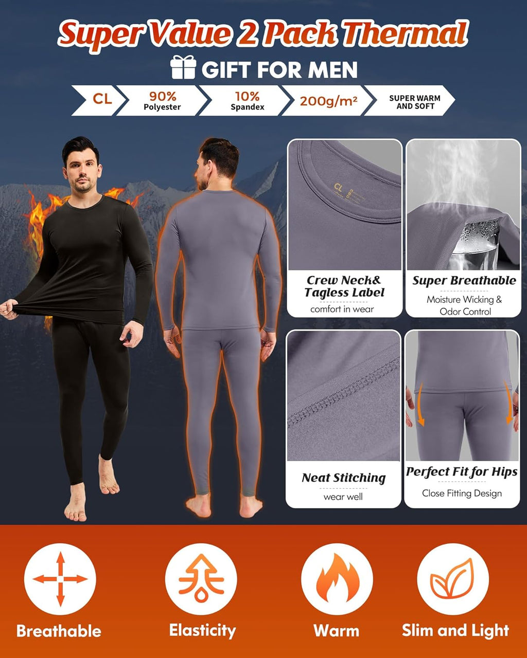 2 Pack Thermal Underwear for Men Long Johns Fleece Lined Base Layer Set Winter Bottom Top 2XS-6XL