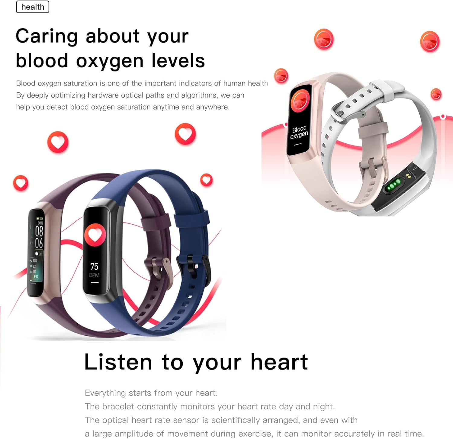 Health and Fitness Tracker for Men and Women - AMOLED Display, Slim Design, 25 Sports Modes, Heart Rate and Blood Pressure Monitor, Alarm, Stopwatch, Calorie Counter, IP68 Waterproof
