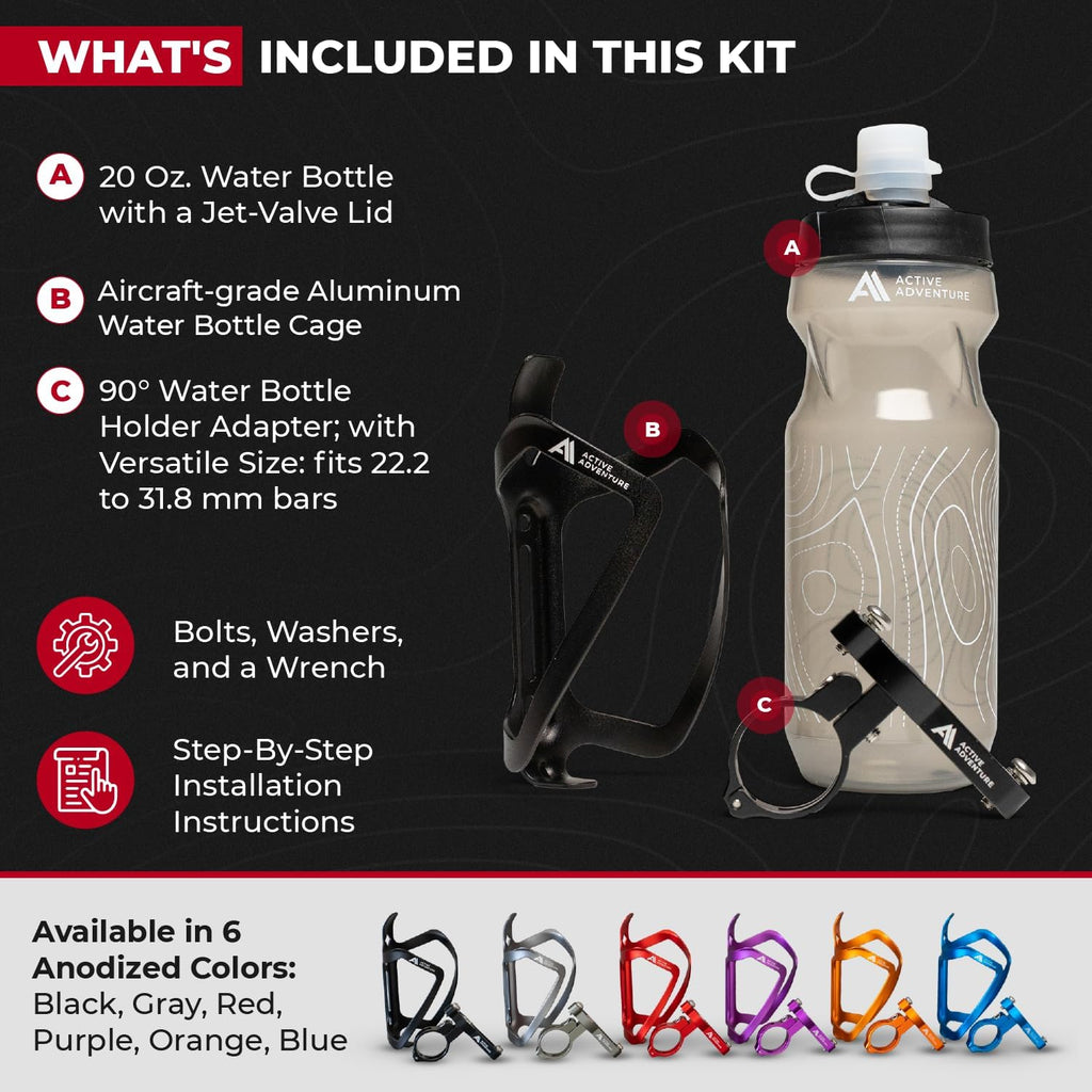 Bike Water Bottle Holder Combo - 20 Oz Squeeze Bottle & Bicycle Mount Cage Rack, No Screws Needed, Durable Alloy - Fits All Handlebar Bikes & MTB Mountain Road - for Adults, Kids (Black)