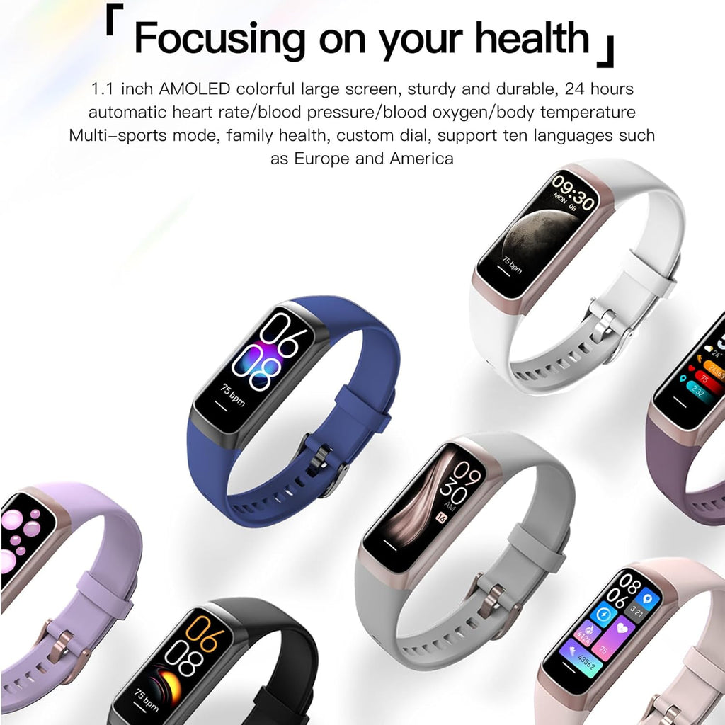Health and Fitness Tracker for Men and Women - AMOLED Display, Slim Design, 25 Sports Modes, Heart Rate and Blood Pressure Monitor, Alarm, Stopwatch, Calorie Counter, IP68 Waterproof