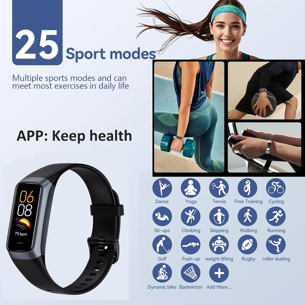Health and Fitness Tracker for Men and Women - AMOLED Display, Slim Design, 25 Sports Modes, Heart Rate and Blood Pressure Monitor, Alarm, Stopwatch, Calorie Counter, IP68 Waterproof