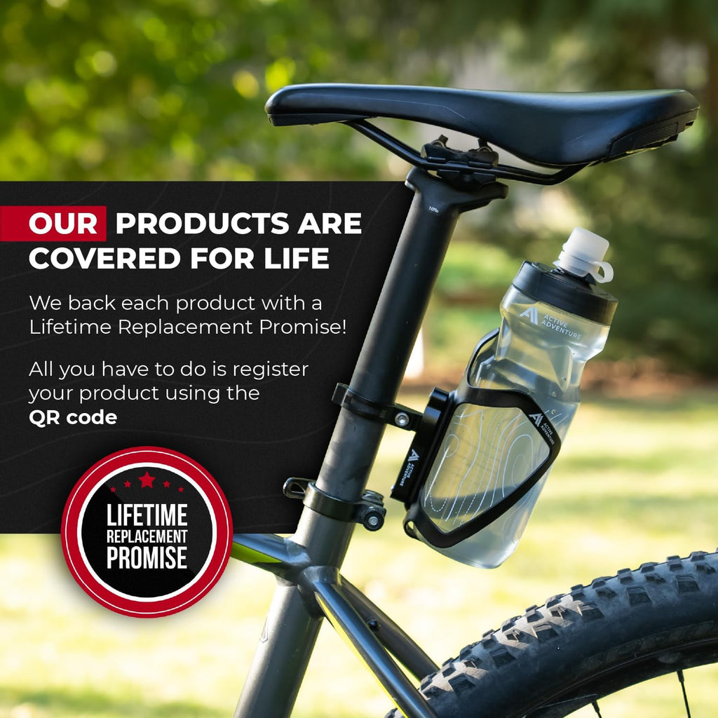 Bike Water Bottle Holder Combo - 20 Oz Squeeze Bottle & Bicycle Mount Cage Rack, No Screws Needed, Durable Alloy - Fits All Handlebar Bikes & MTB Mountain Road - for Adults, Kids (Black)